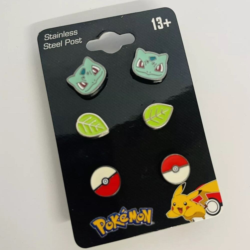 Set Of 3 Pokemon Bulbasaur Leaf Pokeball Stud Stainless Steel Earrings Licensed